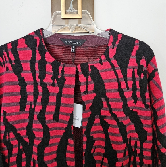 MING WANG Red Auburn Open Front Jacket in Animal Pattern Cozy Knit NWT Size S - Picture 8 of 14